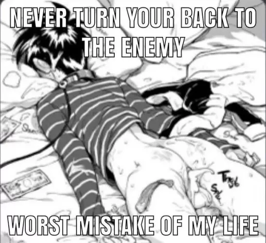 LF mono source: A meme with added and unimportant text. A boy with a creampied butt laying facedown on a bed with a leash around his neck. He has a long sleeve tshirt with stripes. A condom on his butt and money next to him.