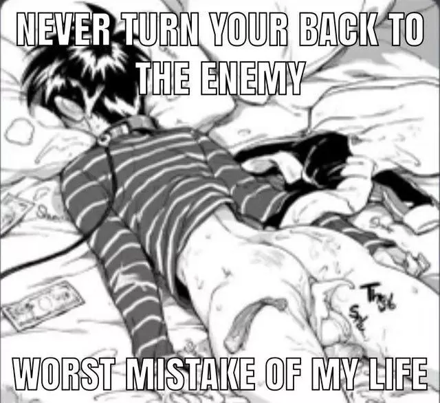 LF mono source: A meme with added and unimportant text. A boy with a creampied butt laying facedown on a bed with a leash around his neck. He has a long sleeve tshirt with stripes. A condom on his butt and money next to him.