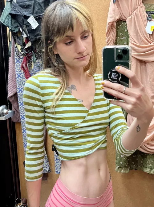 My green striped crop top fitting room selfie