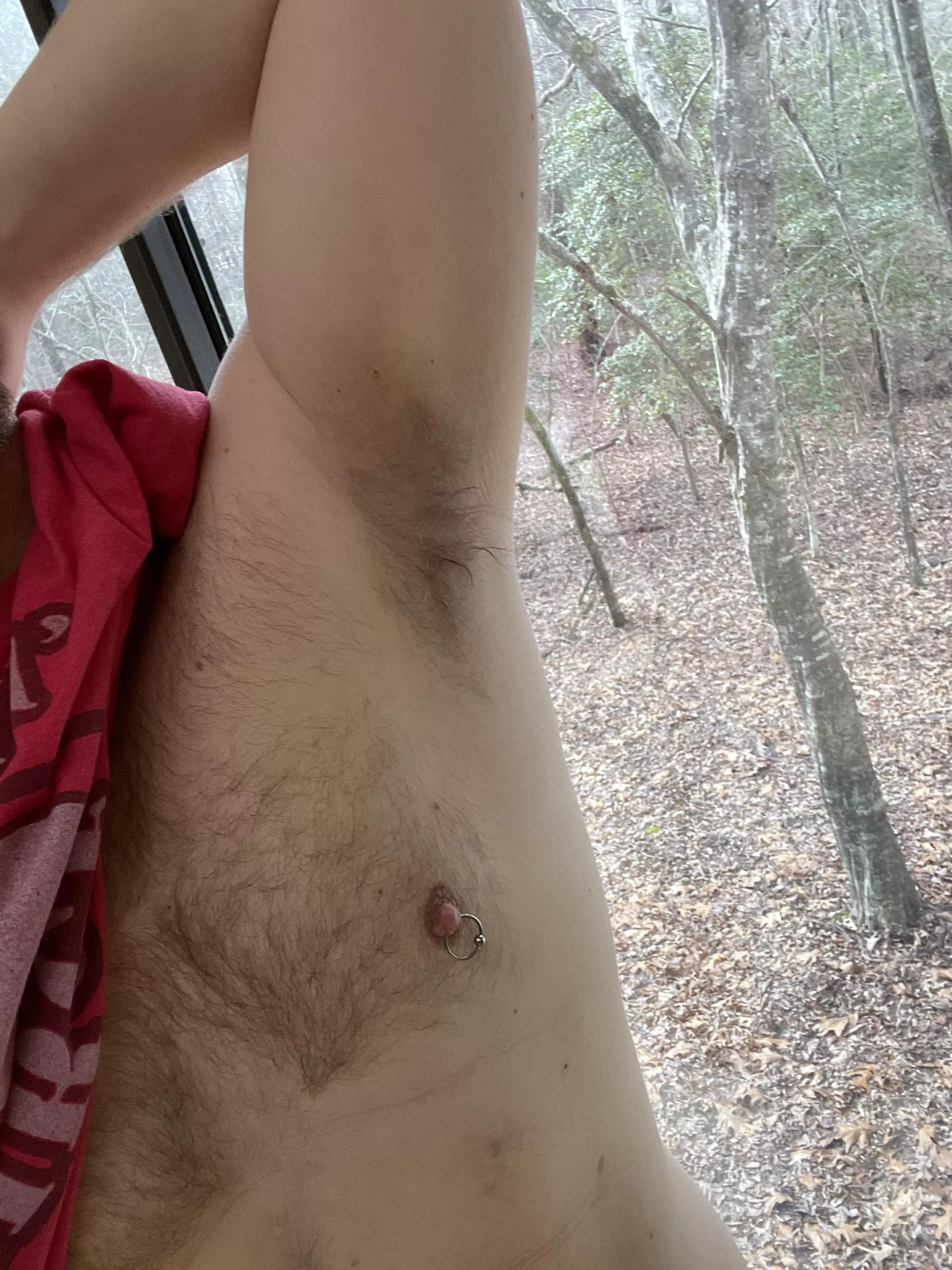 Always feels good to take off your shirt after working out.