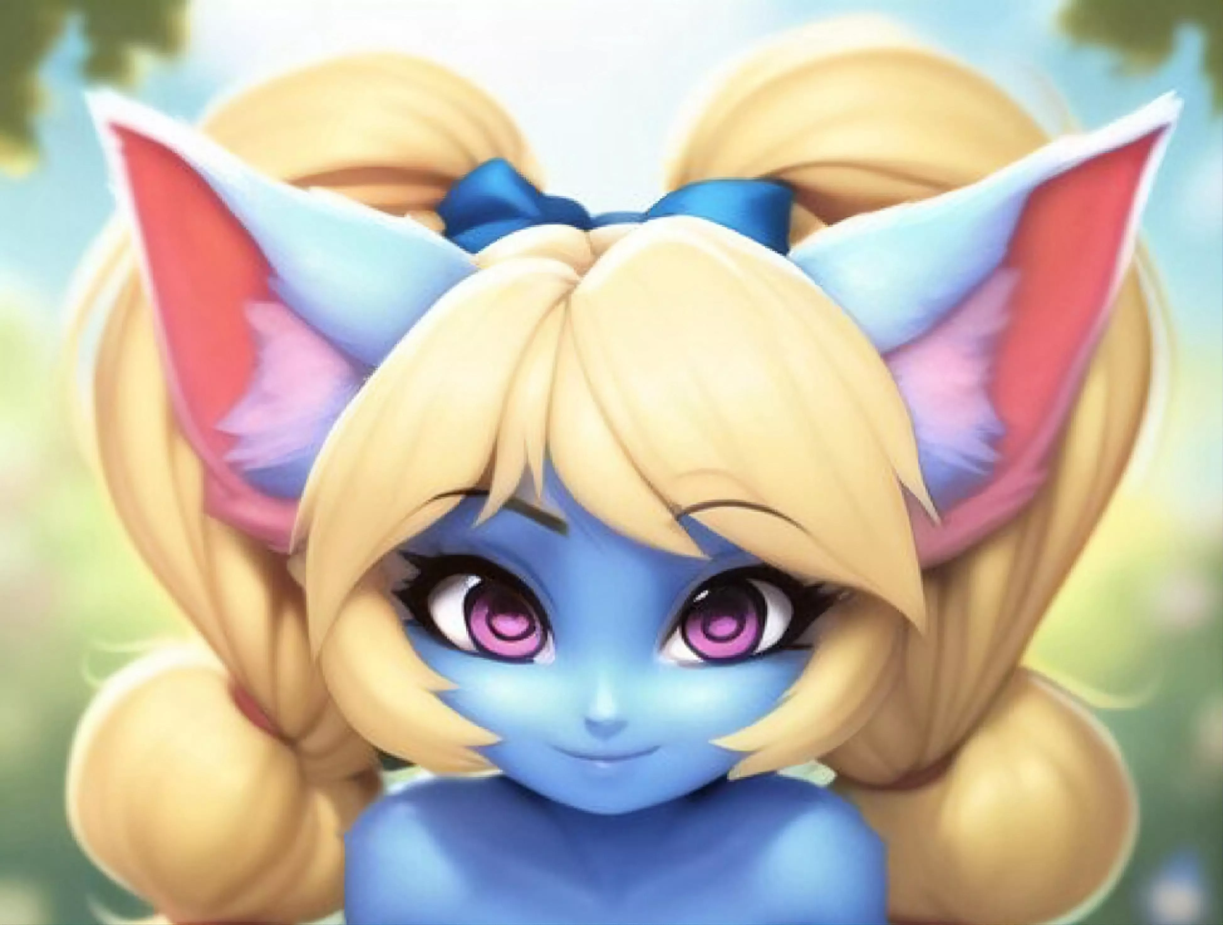 Lf color source: smiling, blonde hair, blue skin, yordle, pigtails, bow