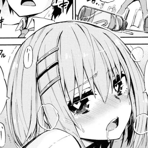 LF Mono Source 1girl, 1boy, drool, open mouth, heart eyes / pupils, hair clips, speech bubble, panting, blushing / blush, eyebrows visible through hair, looking back, foreign language
