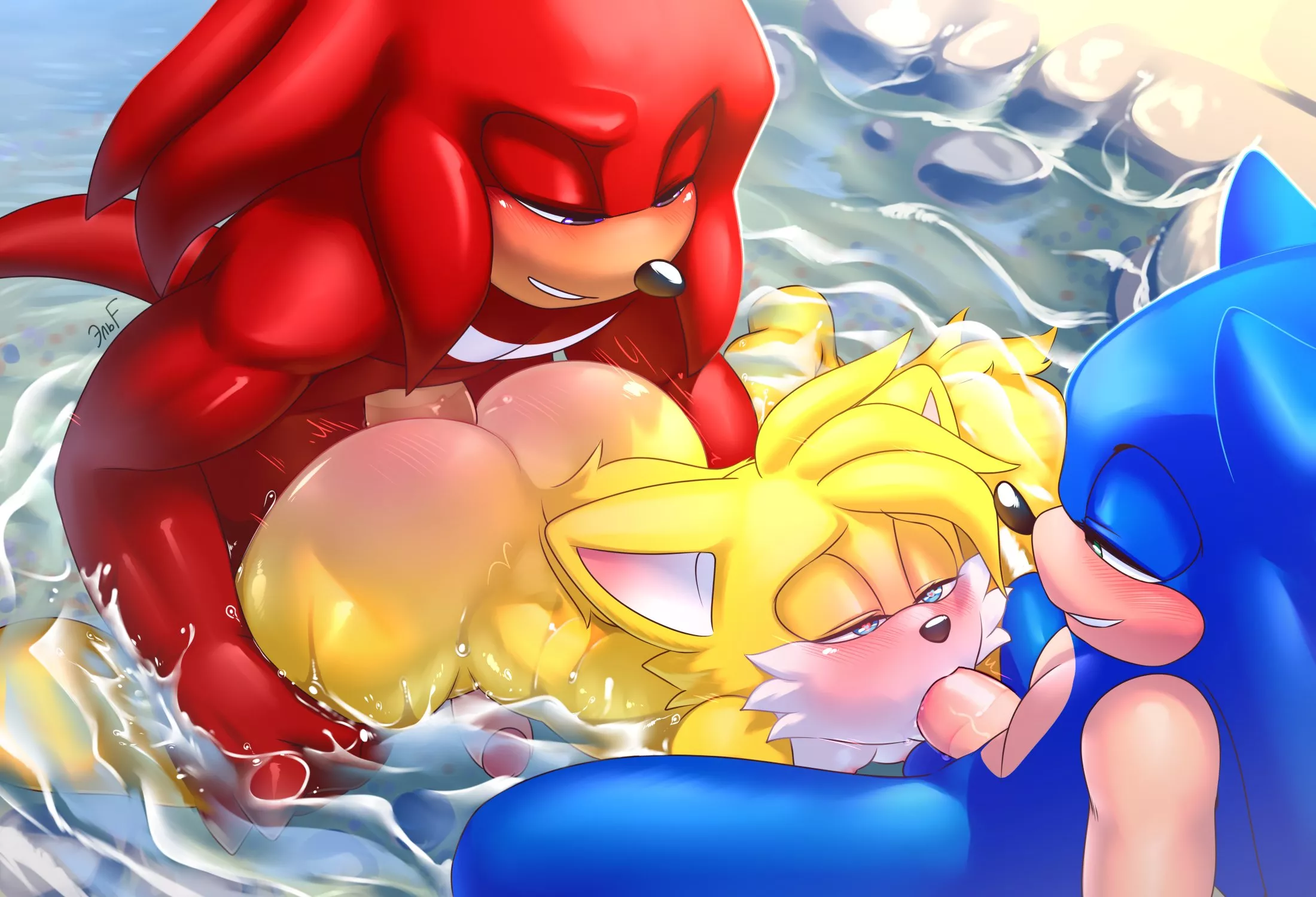 Knuckles, Tails and Sonic relax after their adventures (KrazyElf)