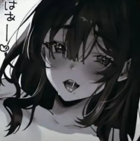LF Mono Source: 1girl, black hair, long hair, open mouth, foreign text, japanese text, closed up shot, clothes off, blush, naughty face, pointed dot on face