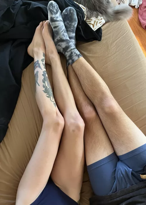 My husband and I in bed both in blue