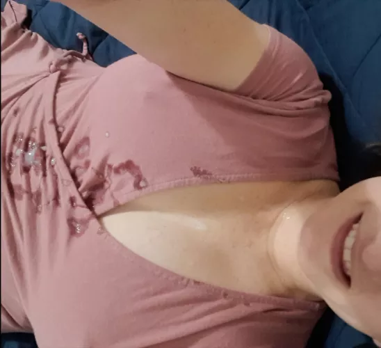 Showing off his mess all over my pink dress