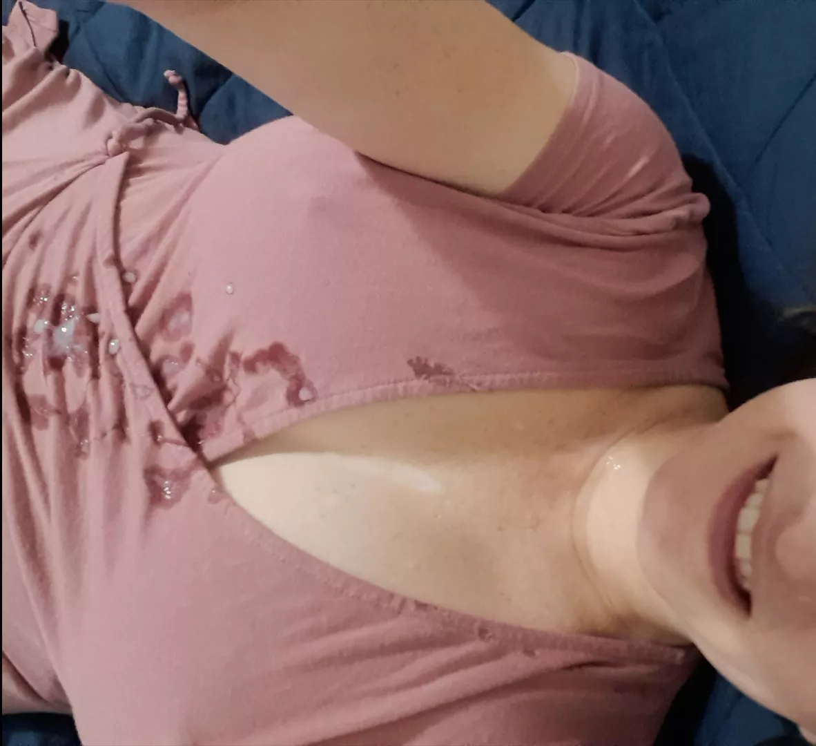 Showing off his mess all over my pink dress