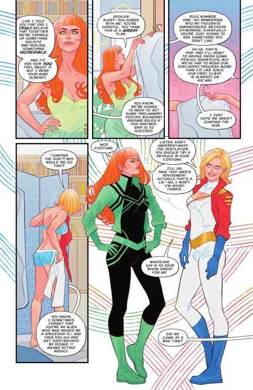Not sure if anybody would deny seeing PG changing. Brought her in her underwears ! And a funny talk with Lilith Clay/Omen about using a keyhole/cleavage. Kara Zor-El/Kara Zor-L/Karen Starr, Power Girl ! [Action Comics (2016) #1051]