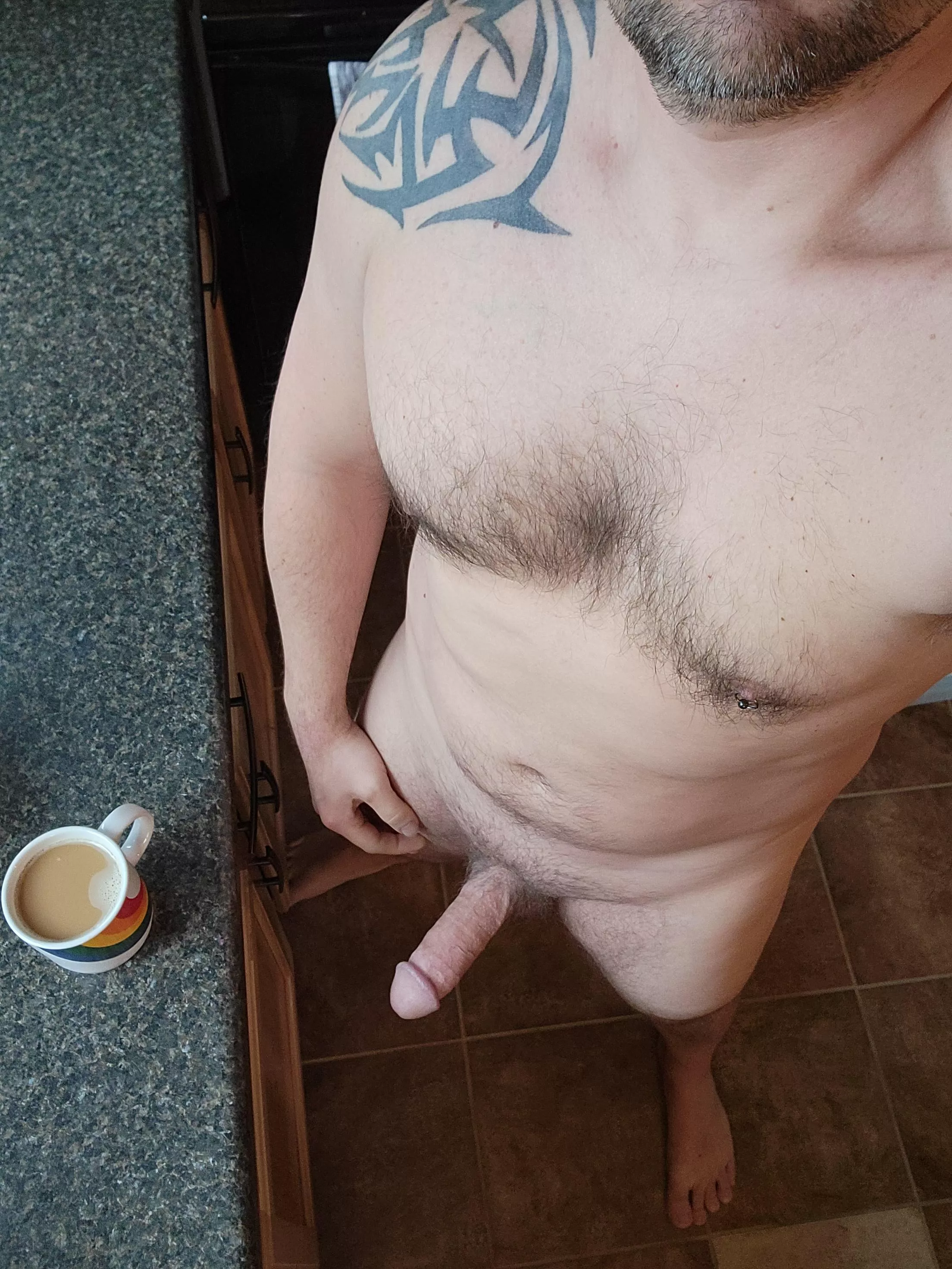 Starting my mental health day with some hot coffee and hard cock.