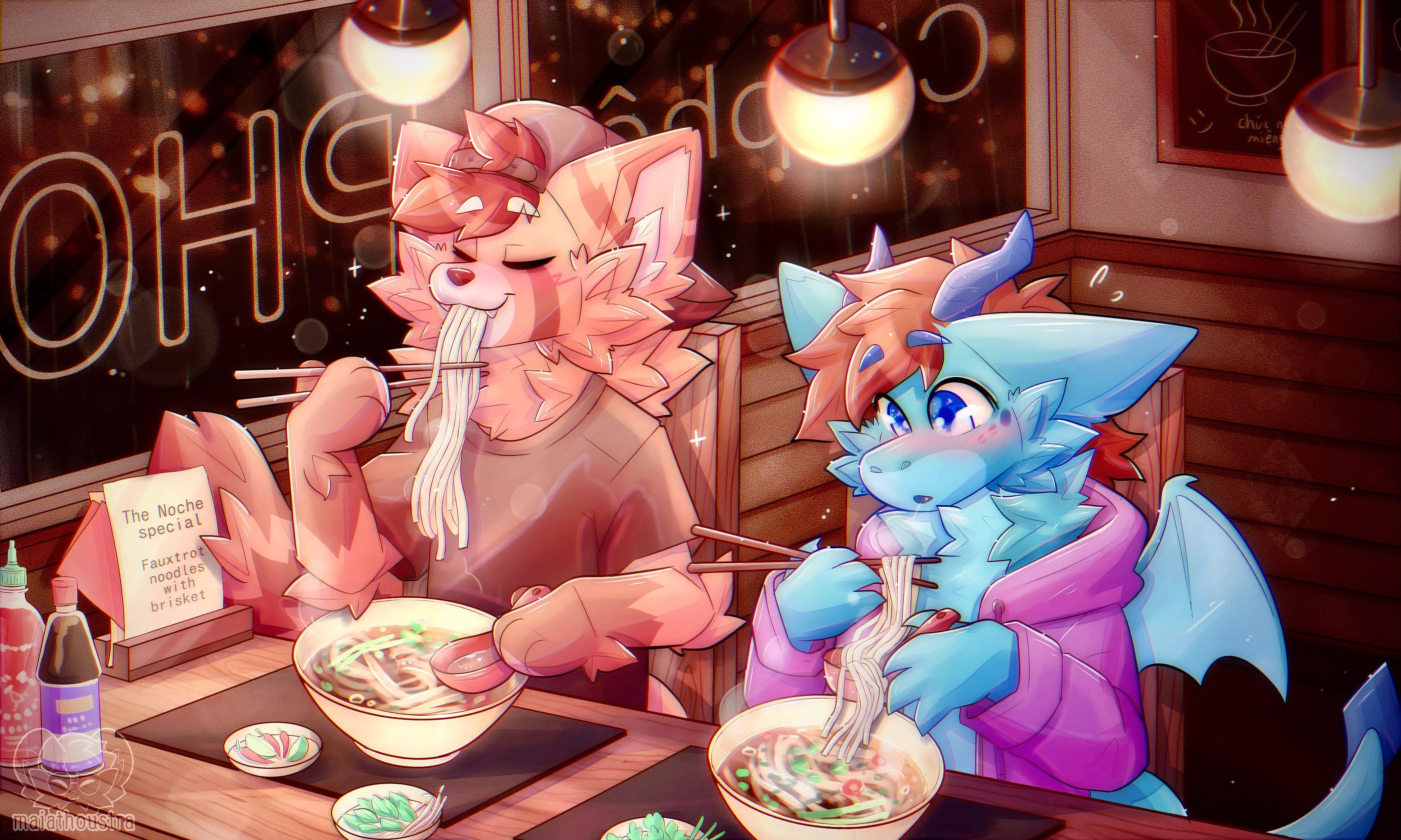 Eating pho ~ cm for NocheRedPanda, art by me @maiathoustra