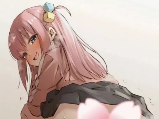 LF Color Source: 1girl, bocchi the rock, hitori gotoh, pink hair, cube hair pin, hair ornament, looking back, blush, squatting postion, simple background, black skirt