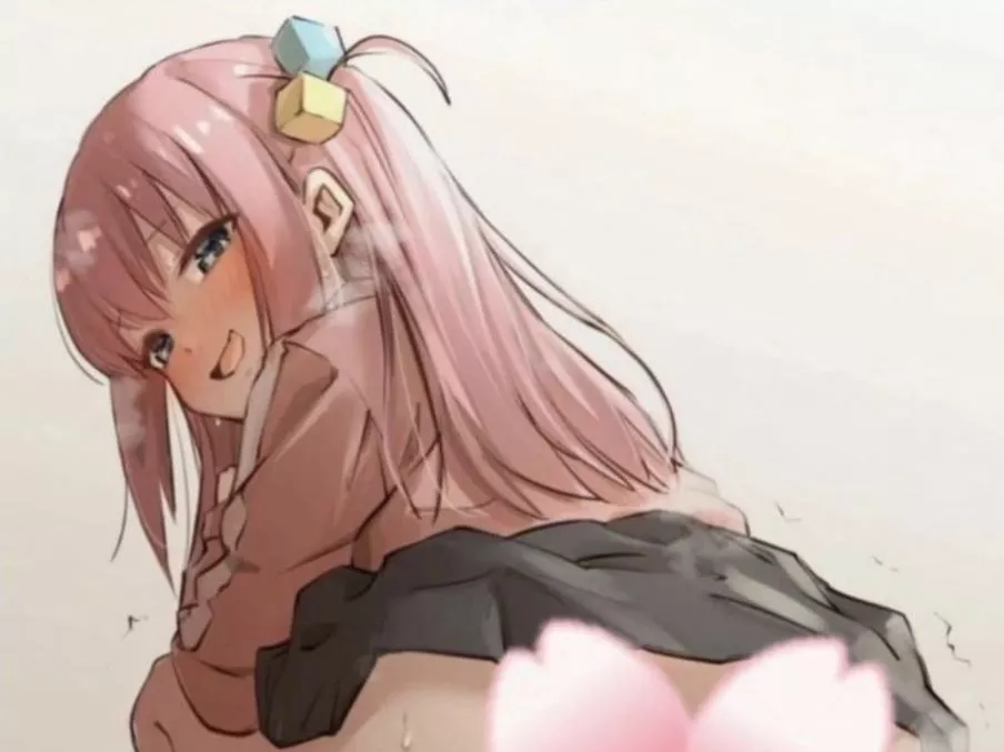 LF Color Source: 1girl, bocchi the rock, hitori gotoh, pink hair, cube hair pin, hair ornament, looking back, blush, squatting postion, simple background, black skirt