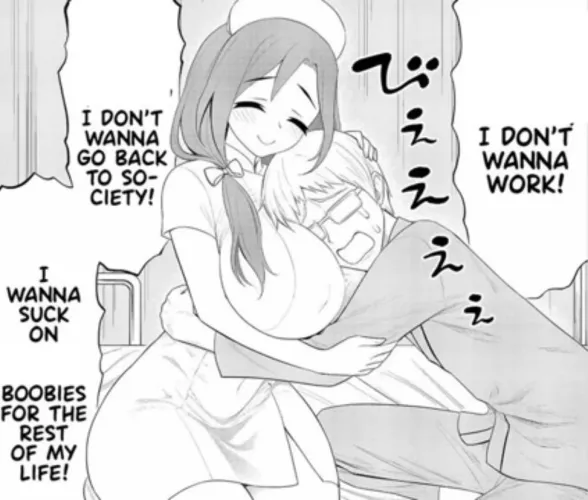 LF Mono source: “I don’t wanna work! I don’t wanna go back to society! I wanna suck on boobies for the rest of my life!” 1girl, 1boy, nurse, large breasts, blonde hair, tearing, dialogue