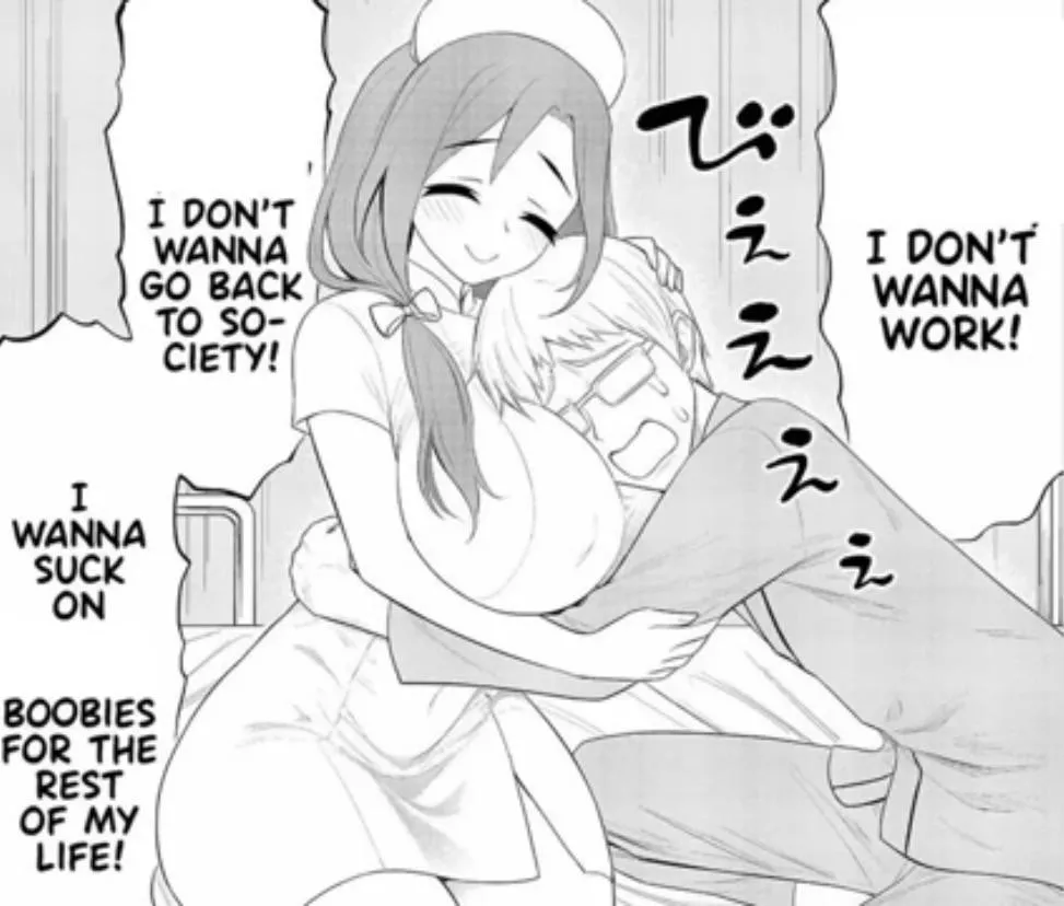 LF Mono source: “I don’t wanna work! I don’t wanna go back to society! I wanna suck on boobies for the rest of my life!” 1girl, 1boy, nurse, large breasts, blonde hair, tearing, dialogue
