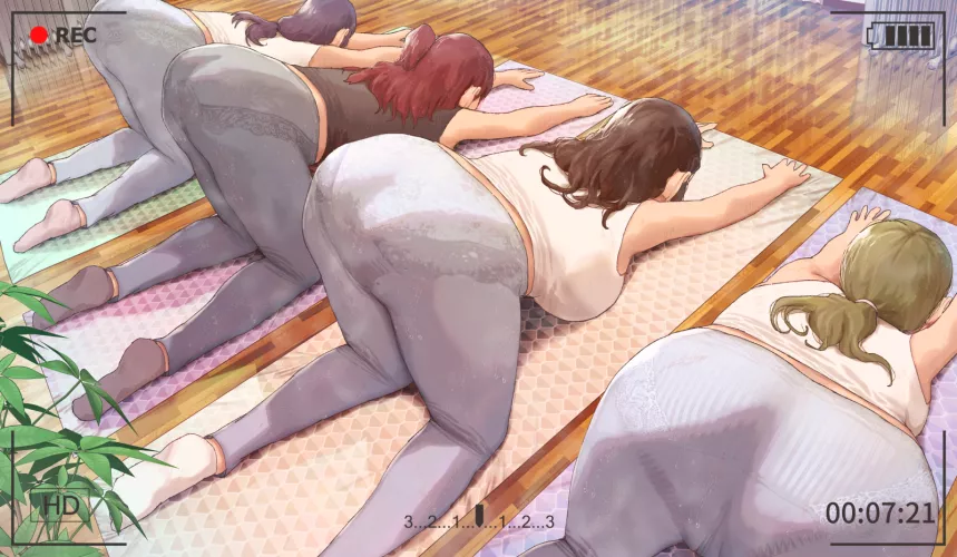 Buttocks of sisters in a hot yoga studio