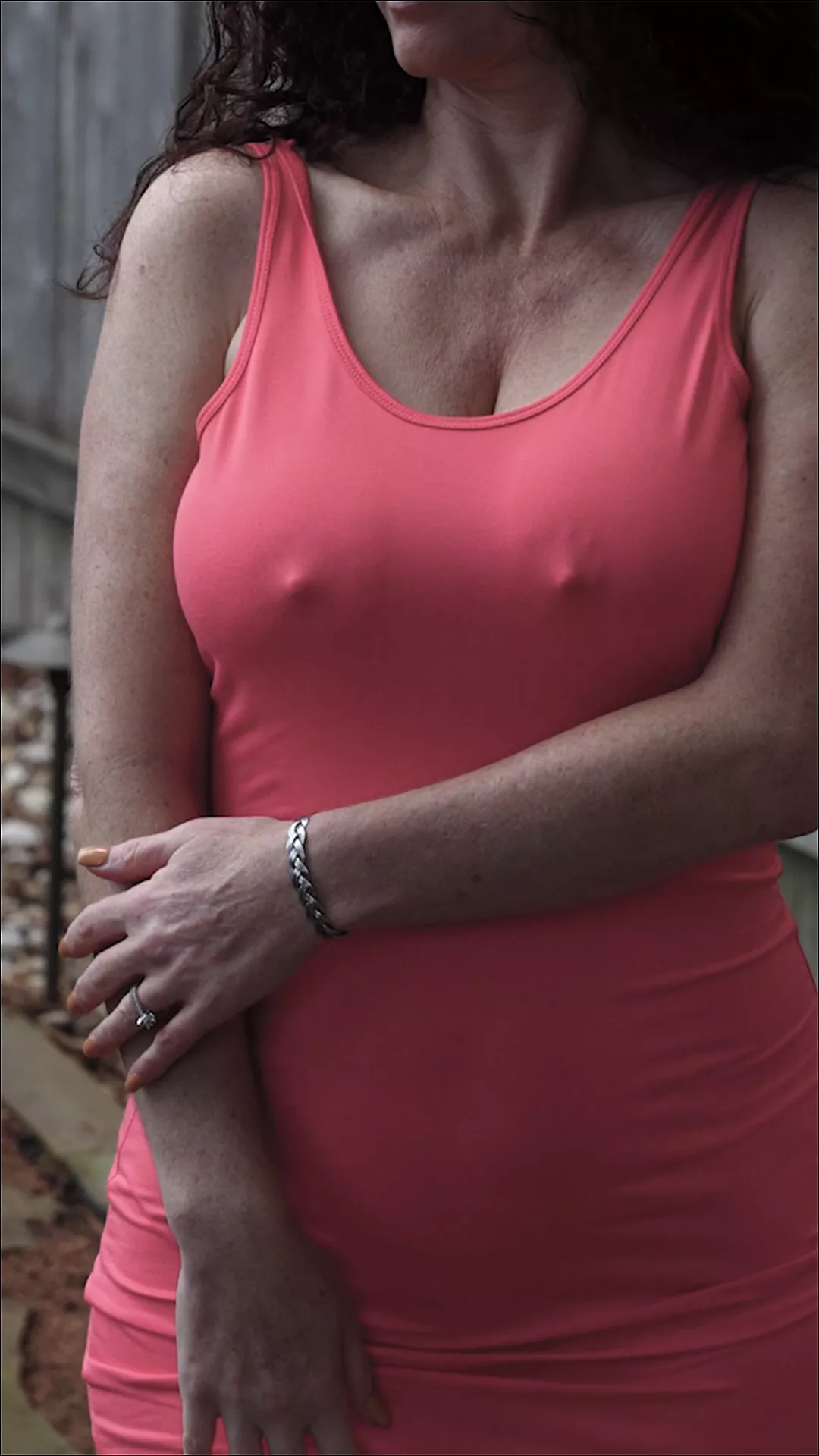 Being braless makes serious pokies in this dress