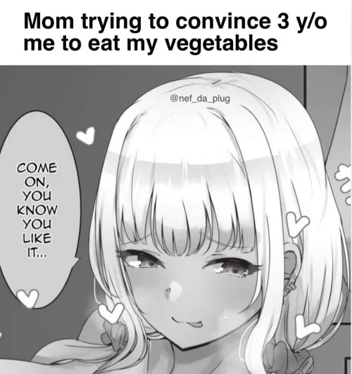 LF Mono Source 1girl, hearts, blushing, eye color, dark skin, gyaru, white hair, mom trying to convince 3 y/o me to eat vegetables, come on, you know you like it