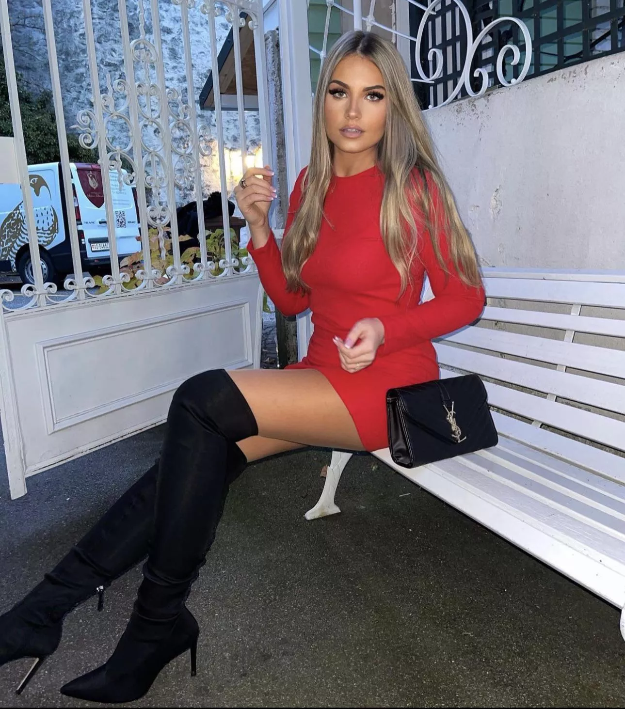 Red dress and black boots