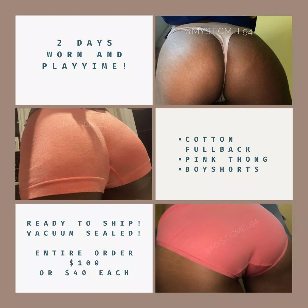 [selling] ready to ship panties! 3 sets with 2 days wear and playtime each!💦🥰 $100 for the entire set or $40 each! DM’s open! 😝