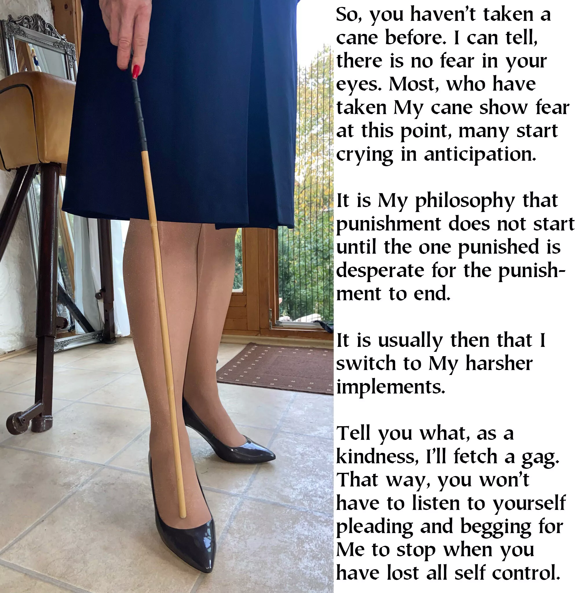 The gag will be secured with a lock. It will absolutely fill the mouth, limiting breathing, somewhat. She has decided She does not wish to hear from you for the remainder of the day.