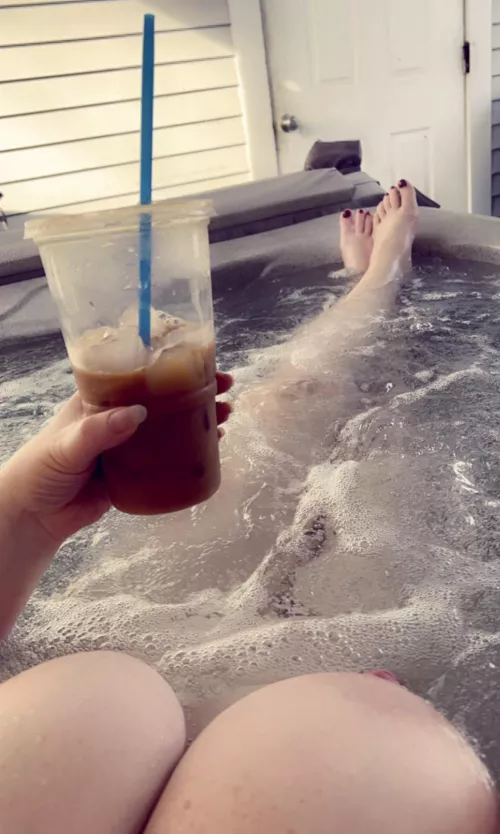 Enjoying a Monday morning hot tub after a work weekend.
