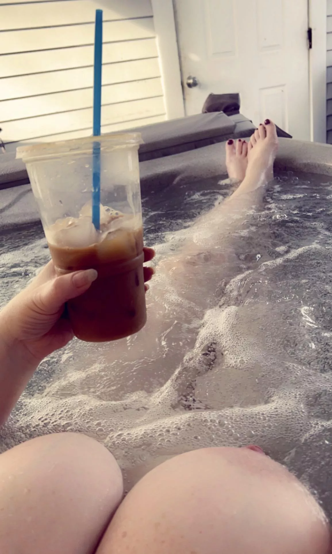 Enjoying a Monday morning hot tub after a work weekend.