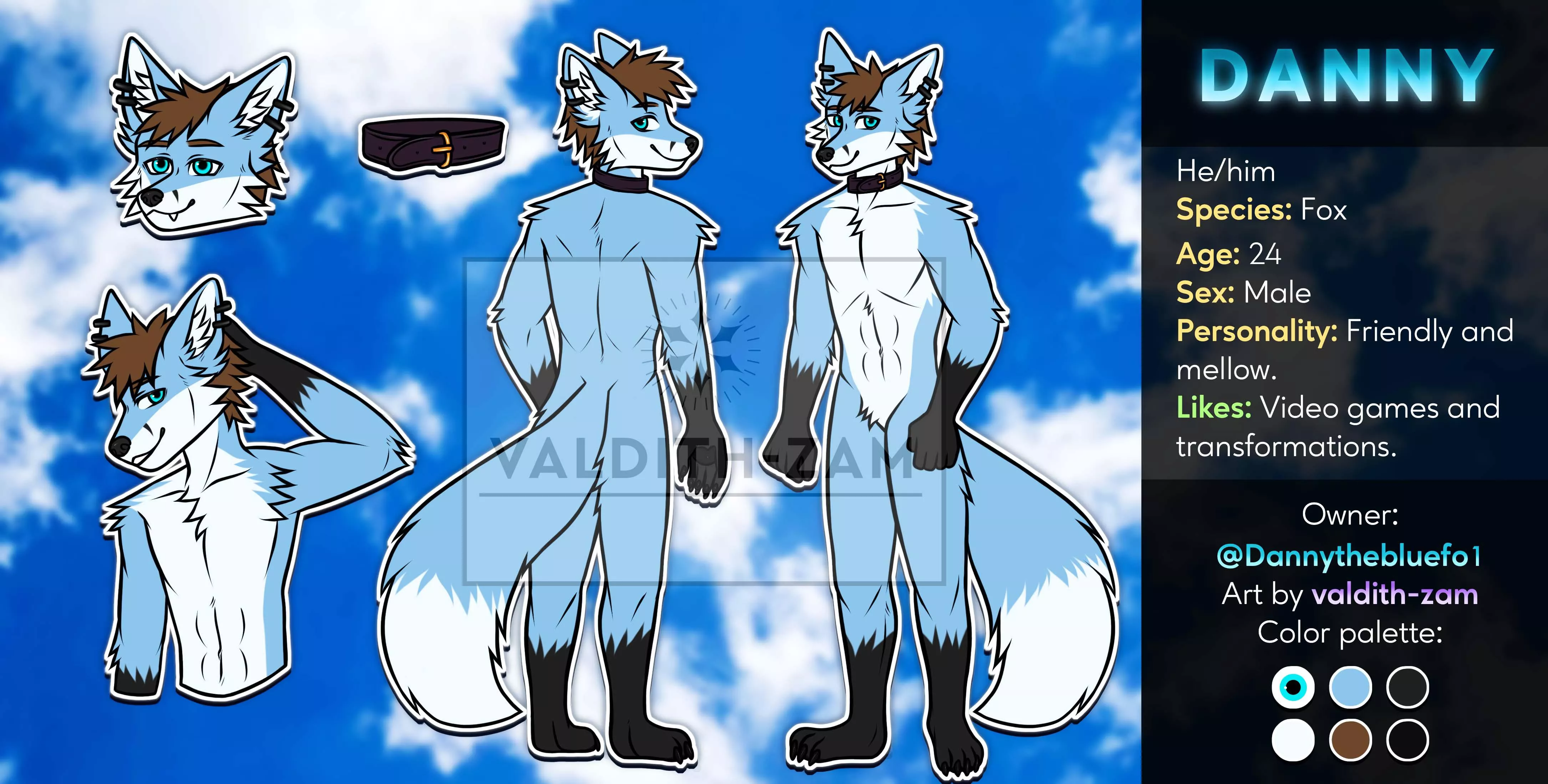 Finished ref sheet done for ‪@/Danny_the_blue_fox on FA 💙 Commissions are open, info below ✅