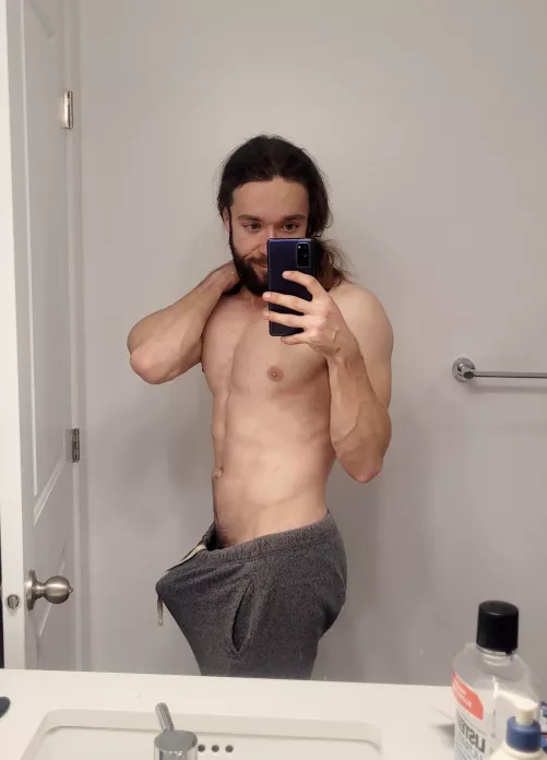 Grey sweats don't hide anything huh