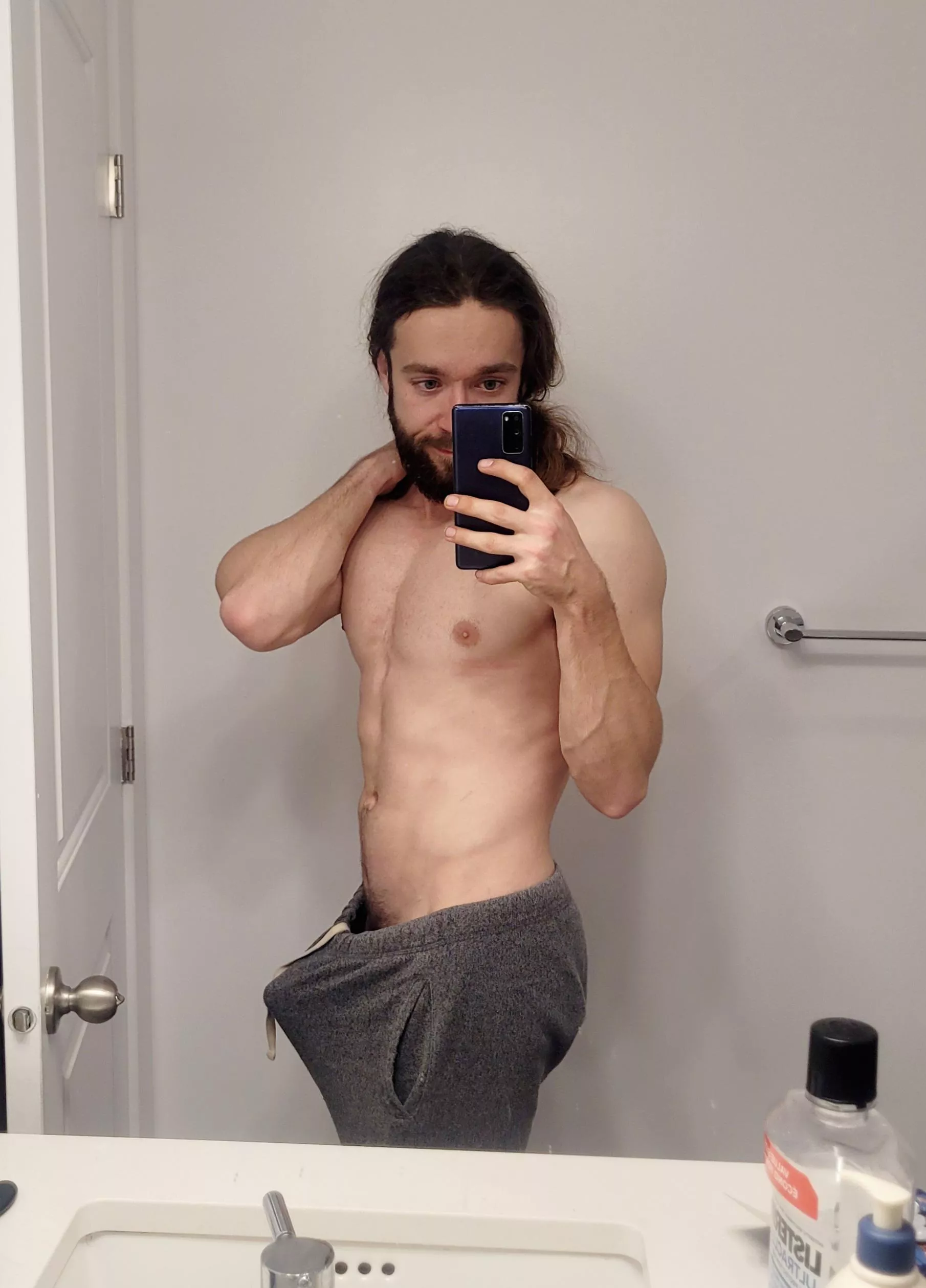 Grey sweats don't hide anything huh