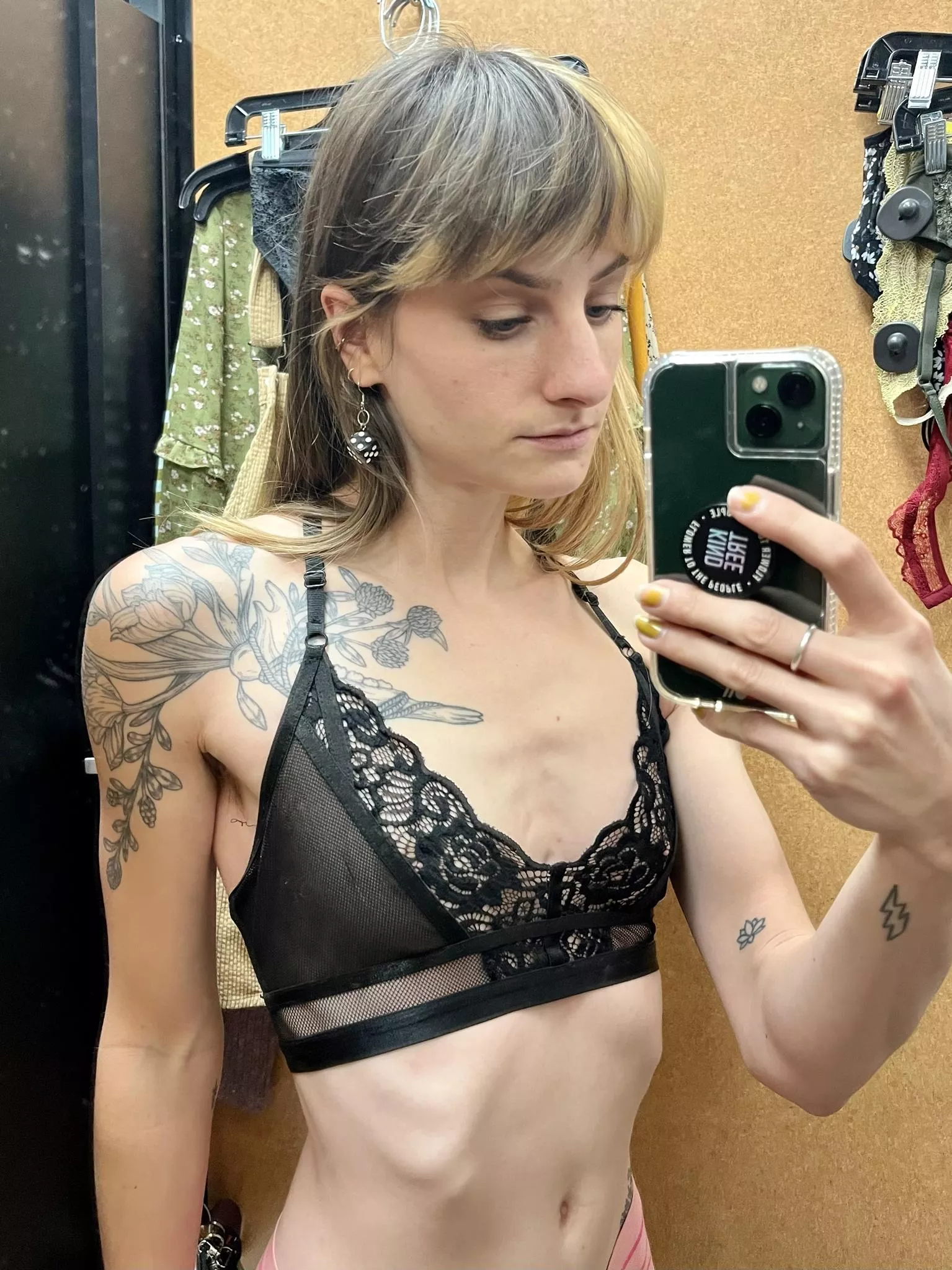 Lacey black lingerie is a bonus on a flat chest like mine