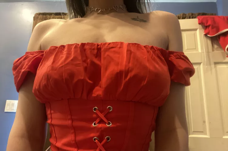 Red and braless, what’s better than that?