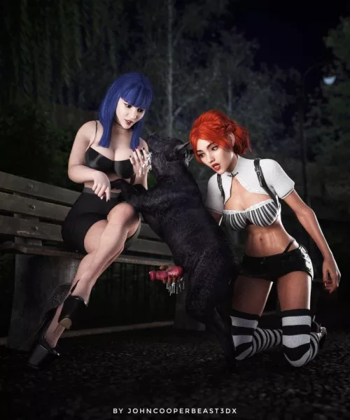 Two gorgeous babes playing with a stray in the park (Johncooperbeast3DX)