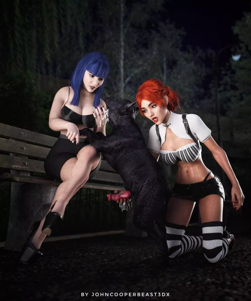 Two gorgeous babes playing with a stray in the park (Johncooperbeast3DX)
