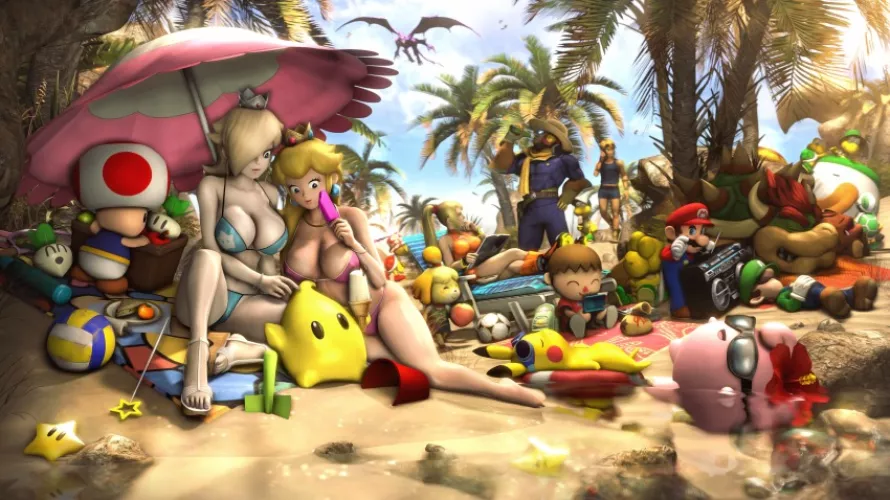 When the competitors need a vacation. (Rosalina, Peach, Samus, Mario, Luigi, and Isapikalinkpuff Falcon the villager...)