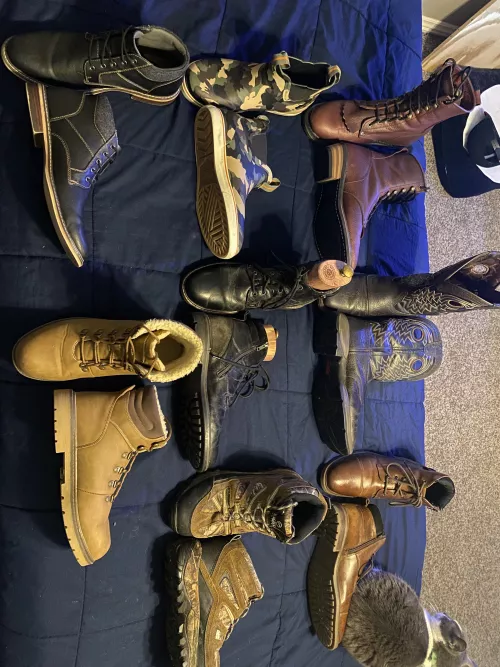 My boot collection, in order (R-L) of which ones I like the most: AdTec 9” Packer, Durango Rebel, Franco Fortini(unknown style), Googan Deck Boots, Crevo Bowman, Magellan hiking boot, Hawker Rye Garner Chukka, Lugs Grotto Fleece.