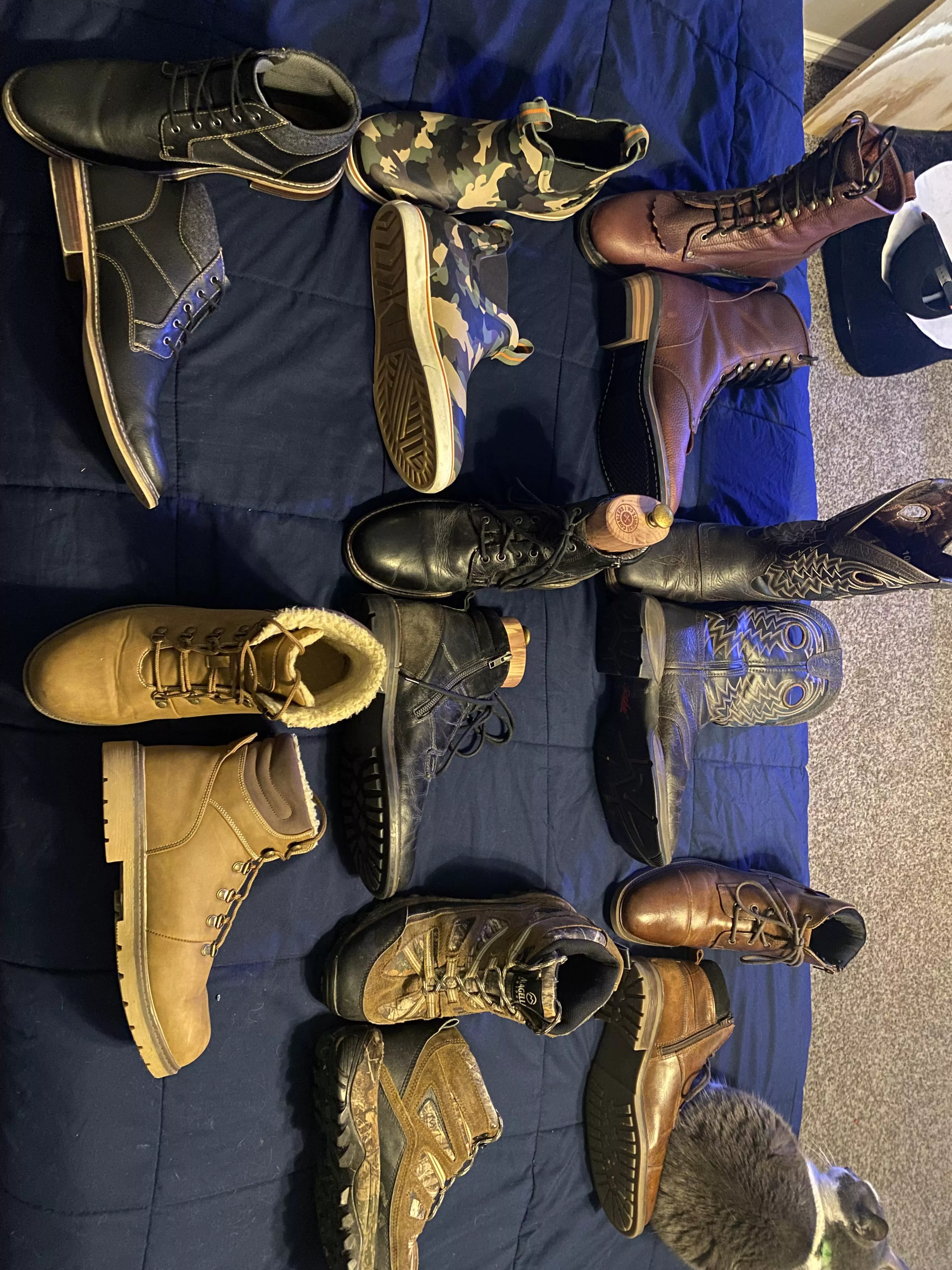 My boot collection, in order (R-L) of which ones I like the most: AdTec 9” Packer, Durango Rebel, Franco Fortini(unknown style), Googan Deck Boots, Crevo Bowman, Magellan hiking boot, Hawker Rye Garner Chukka, Lugs Grotto Fleece.