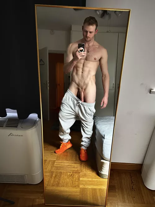 Pull the sweats up or just take them off entirely?