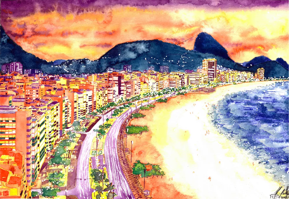 Sunset in Copacabana, watercolor on the most famous beach in the world