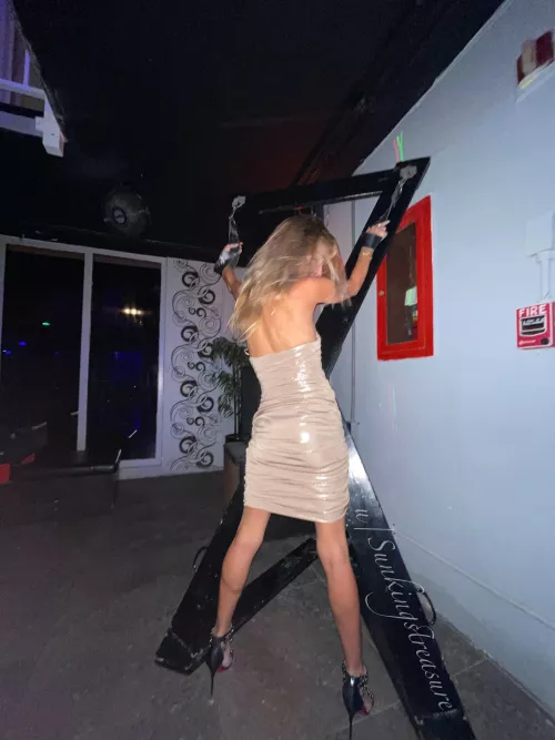 The weekend after our marriage, my husband took me to a [F]etish party at a naked hotel where he showed me this cross and now I want one for the bedroom! Where can we find one that fits me and has a little shelf for me to stand on in by red soles? :)