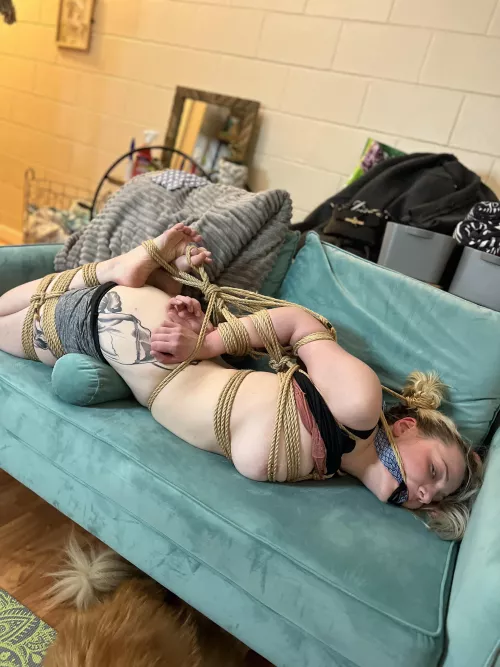 Yoga teacher next door in a nice tight strappado and hogtie