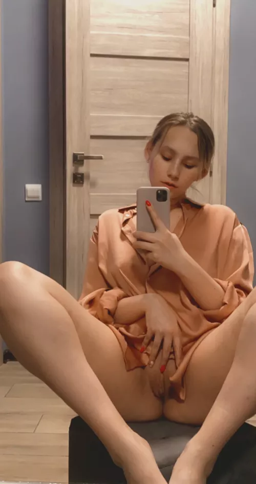 Finger my tight little pussy before you enter with your hard toy