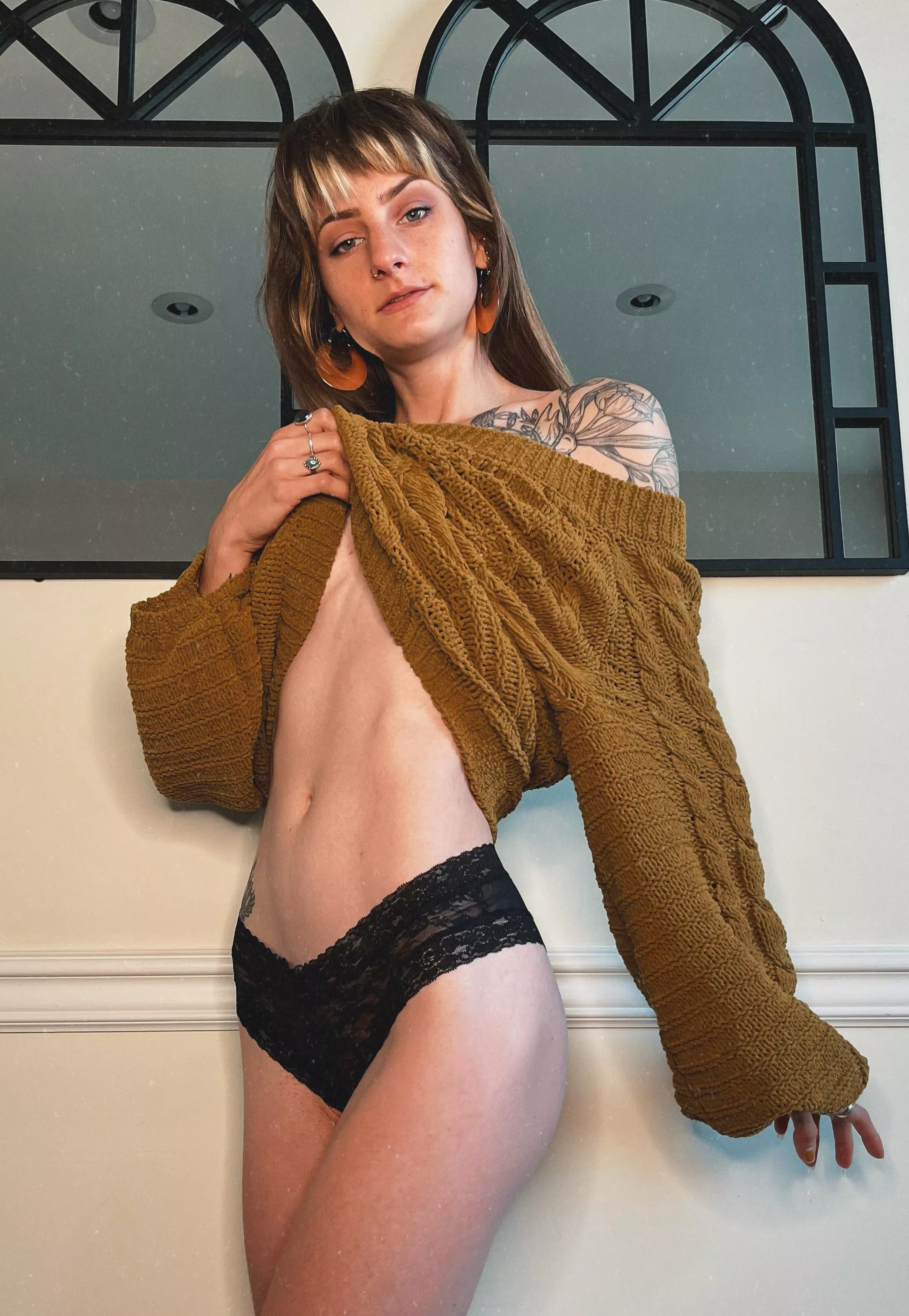 Hiding under a chunky knit & lace [oc]