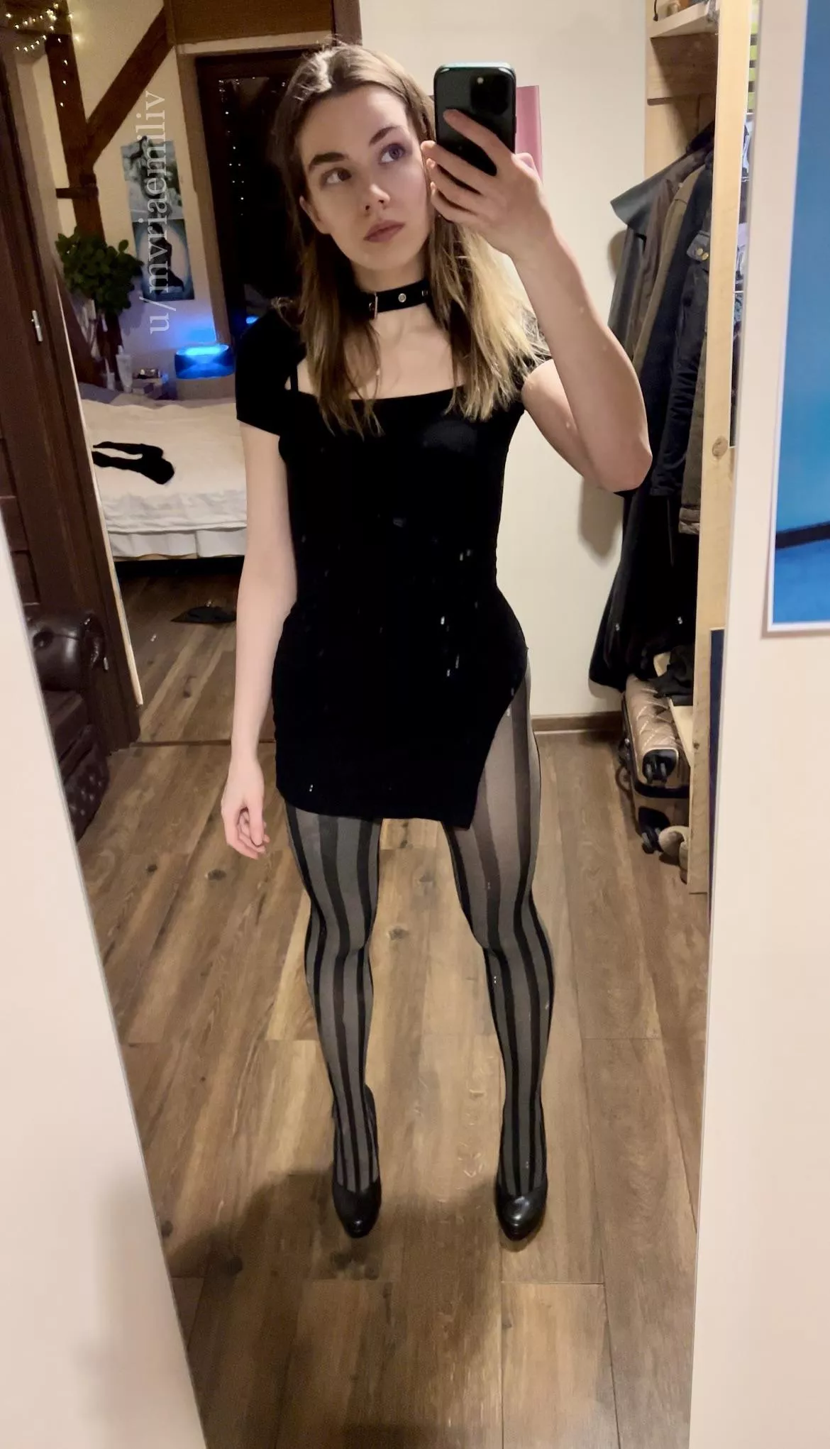 Legs in tights with stripes and super short thigh black dress, a selfie :)