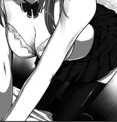 LF Mono Source: 1girl, skirt, school uniform, all fours, white bra, black thighhighs, head out of frame, bow, twintails/twin-tails, skirt, on knees, on bed