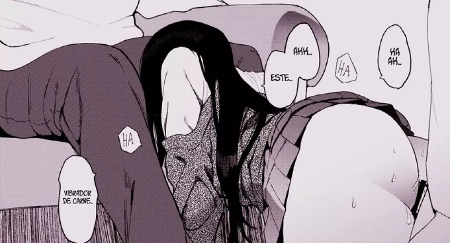LF Mono Source: HA AH... HA AHH... ESTE... HA VIBRADOR DE CARNE, 1girl, 2boys, spanish text, long hair, dark hair, skirt, sex from behind, doggy style, couch, sweat, ass, no panties, cardigan, dress shirt