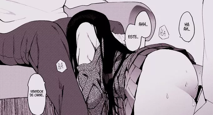 LF Mono Source: HA AH... HA AHH... ESTE... HA VIBRADOR DE CARNE, 1girl, 2boys, spanish text, long hair, dark hair, skirt, sex from behind, doggy style, couch, sweat, ass, no panties, cardigan, dress shirt