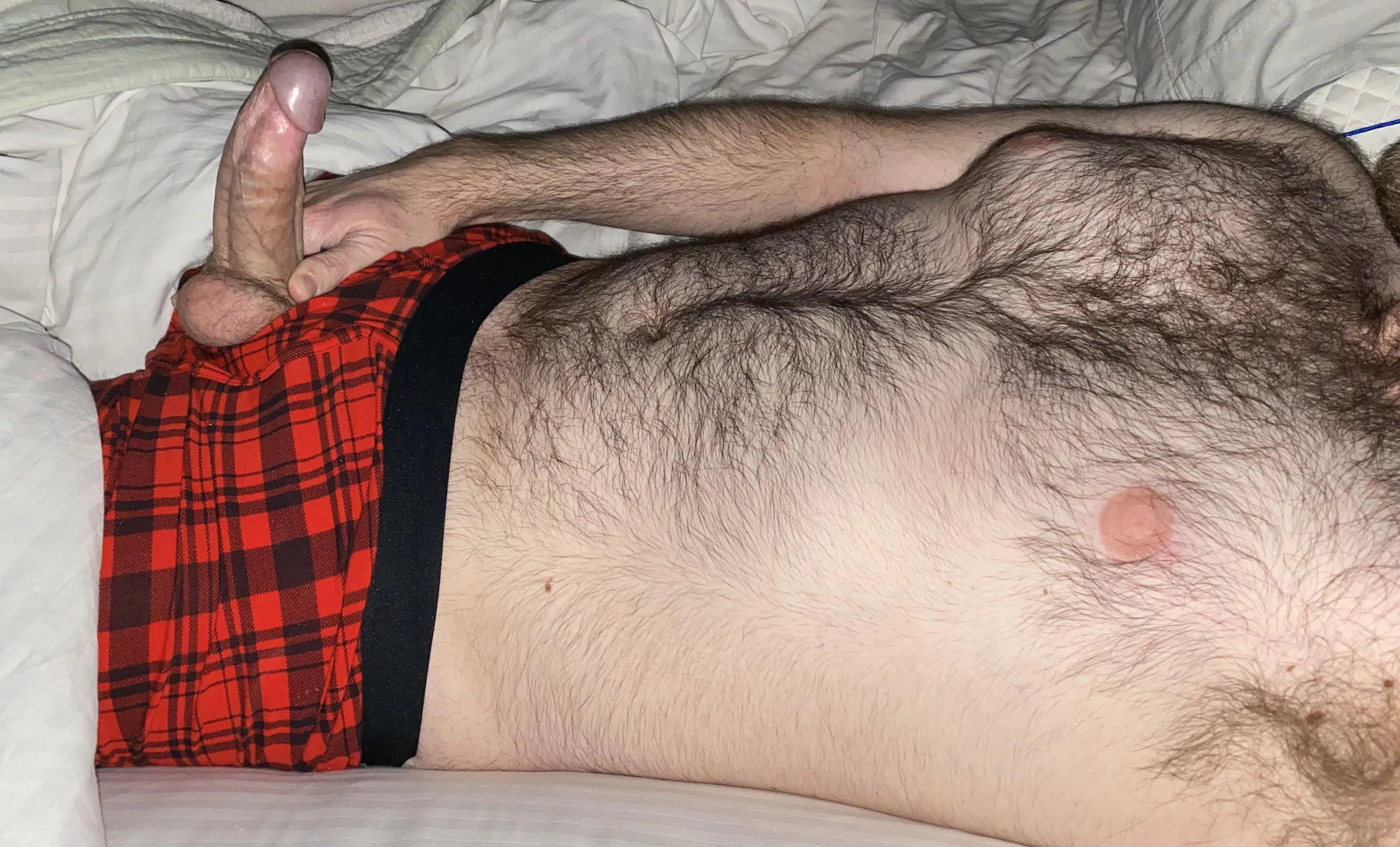 Parting the plaid to play with my penis