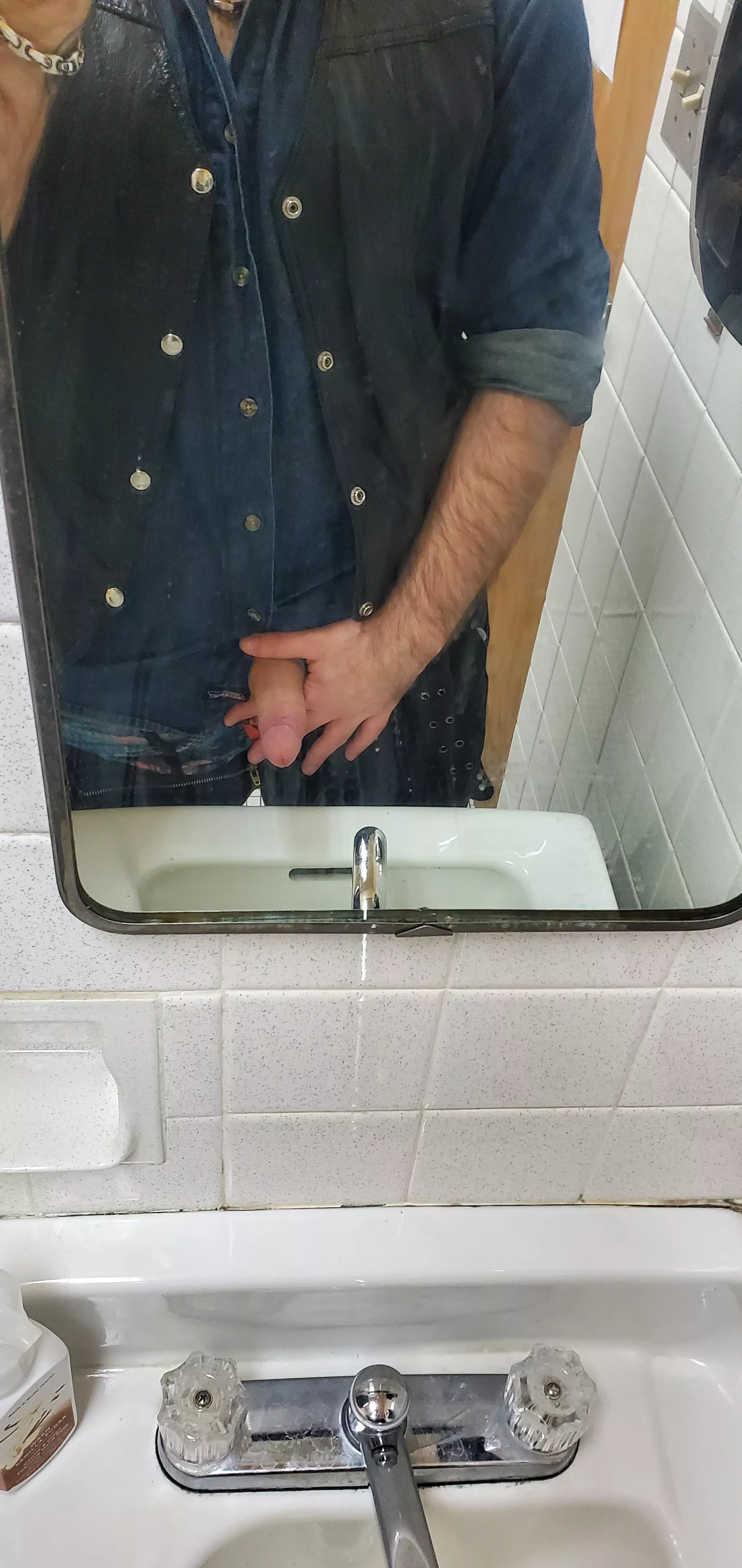 Thick cock in the dirty bathroom mirror at work