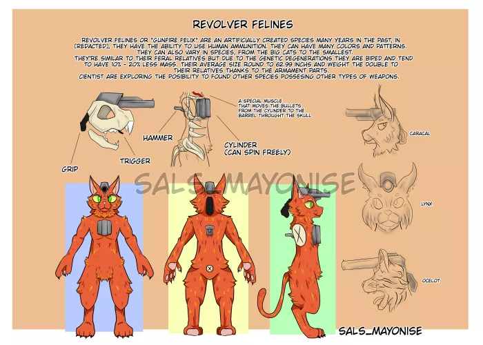 Thanks to everyone for cheer me on the other post, as promised here's a reference sheet for the revolver cat as a species, resolving some doubts of 