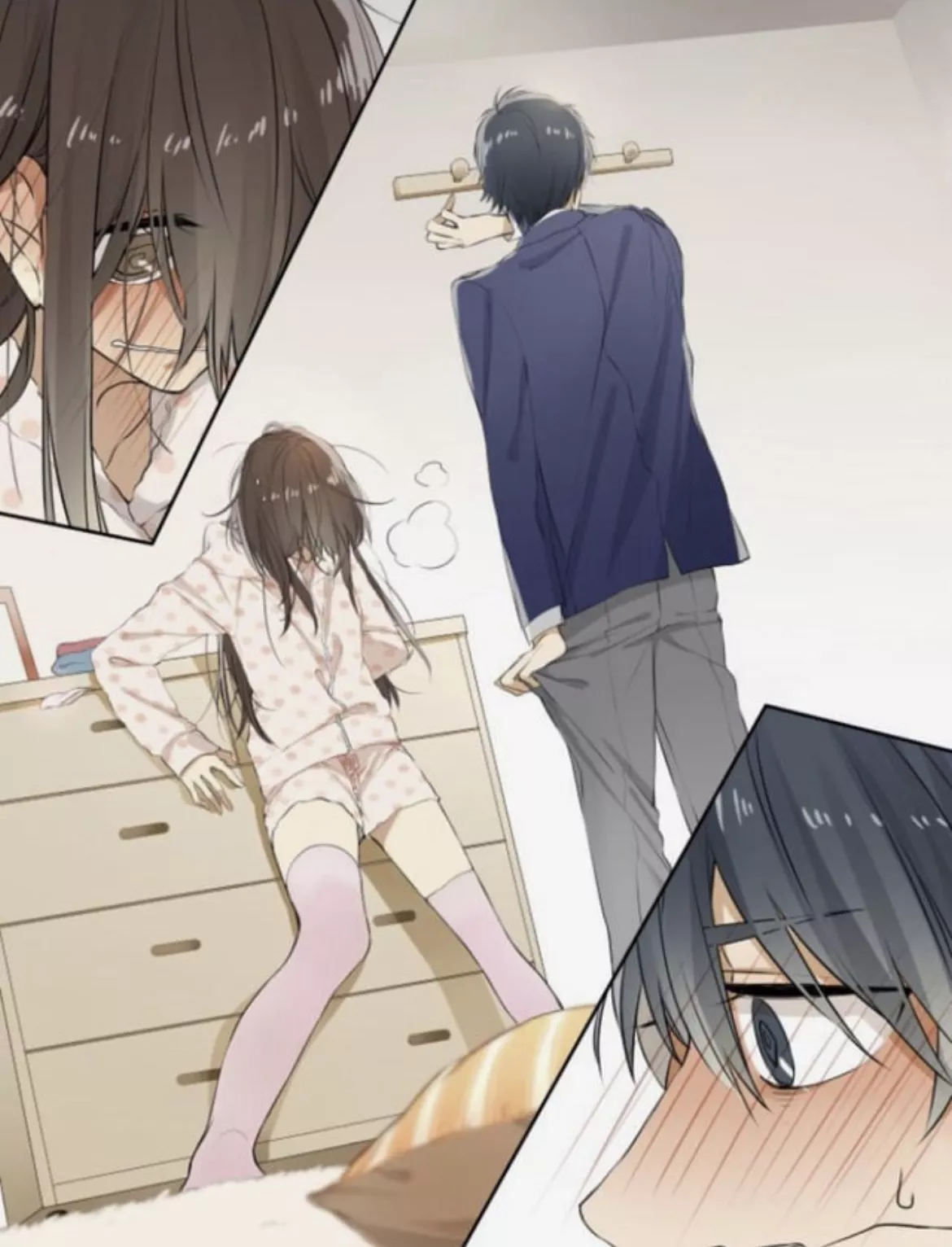 LF Color Source: 1girl, 1boy, eye covering bangs, long hair, uniform, pajamas